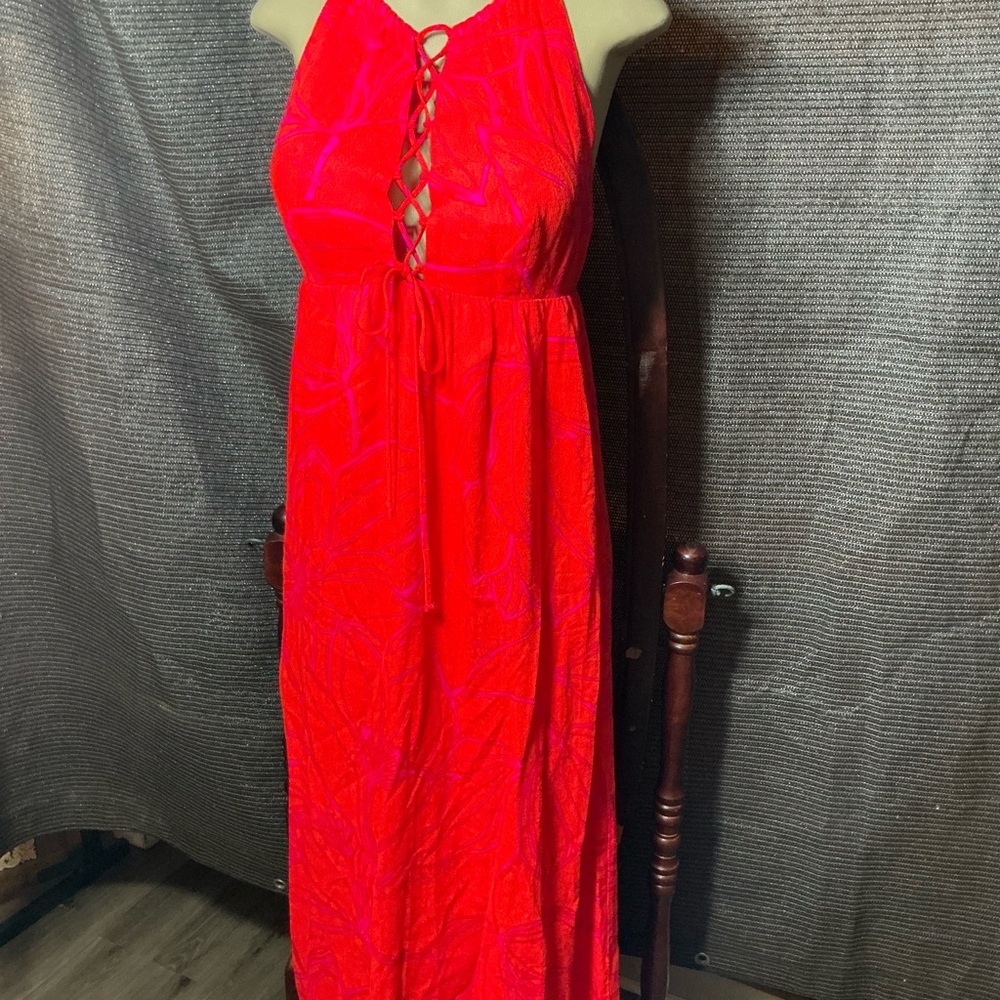 Red Lace-Up Halter Maxi Dress - Women